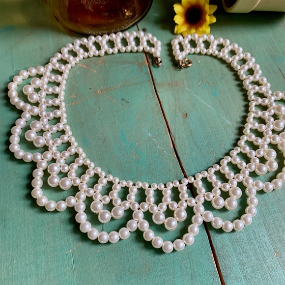 Mid-Century Faux White Pearl Lacy Collar Necklace & Bracelet - Vintage Bride - Picture 11 of 13